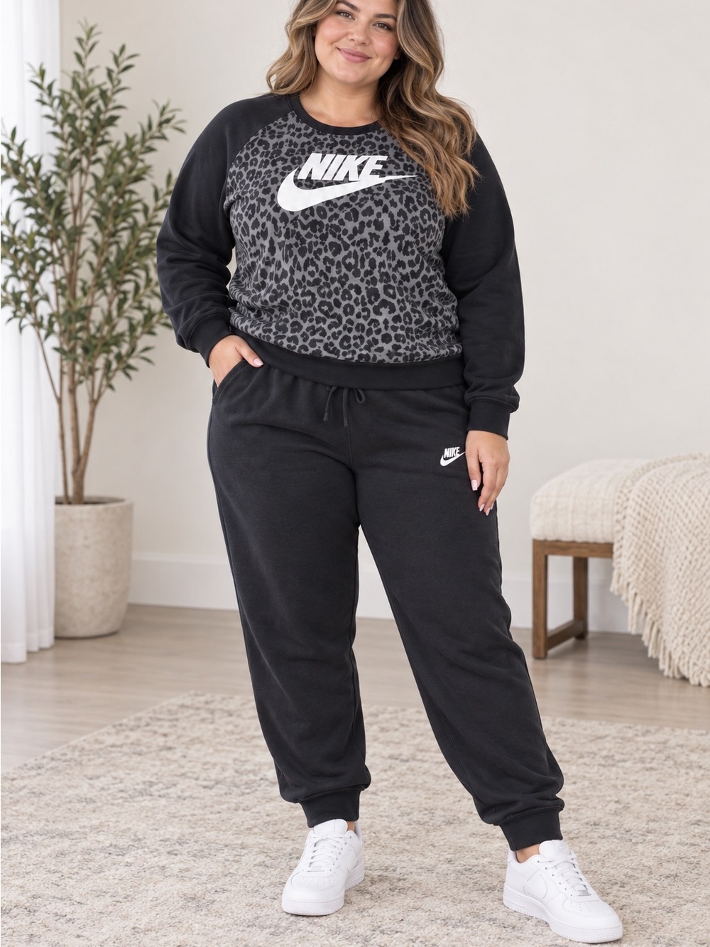 Nike Black & Gray Leopard Print Pullover Sweatshirt and Joggers Set